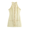 Robe trapèze en tweed jaune pâle à licou avec boutons dorés et bordures à franges - XS / Light jaune
