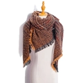 Brown plaid triangle shawl scarf with colorful thread accents and fringe details - Espresso Plaid