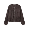 Deep brown faux suede zipper baseball jacket with a classic round neck and smooth texture - XS / Chestnut