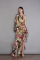 Floral one-shoulder satin dress with asymmetrical ruffled hem and side waist cutout - S / Matcha Green