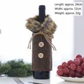 Brown herringbone wine bottle cover with faux fur collar and decorative wood buttons - Grey Linen Style