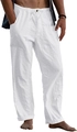 Men's white linen blend yoga pants with drawstring waist and straight leg loose fit - S / Bottoms / White