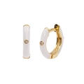 Detailed close-up of gold C-shaped hoop earrings with white enamel coating and zircon - 24K / White Enamel Small Hoop (JQH0020-GG-1)