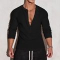 Men's slim fit black waffle knit Henley shirt with long sleeves and ribbed texture - S / Black