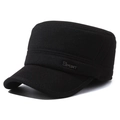 Winter flat top cap for men with thick warm fabric and metal sport badge decoration - Adjustable / Black