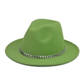 Detail of a grass green wool fedora hat featuring a chunky silver metal chain decoration - Fresh Green Hat Silver Chain