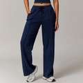 Women's high waist dark blue loose straight sweatpants with drawstring and seam detail - Navy Blue