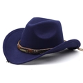 Detail of navy felt cowboy hat featuring woven band with metal feather and colorful beads - Navy Blue