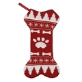 Bone-shaped red and white knitted Christmas stocking with snowflake and paw patterns - Dog Paw Style