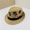 Classic straw fedora hat in natural tan with black palm tree patterns and decorative band - M (56-58cm) / Large Palm Tree Light Coffee