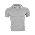 Close-up of polo shirt collar with red, white and blue trim and 100% polyester tag - Gray