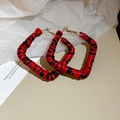 Close-up of square hoop earrings with red and black leopard print pattern and gold hooks - Square Geometric Style (47#)