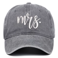 Macro detail of 'mrs.' white embroidery with red heart on vintage grey baseball cap - Grey Mrs.