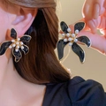 Elegant purple flower earrings featuring black drip glaze petals and white imitation pearls - Black Enamel Flower Artificial Pearl Earrings (4# Silver Earring Post)