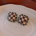 Detail shot of vintage square earrings with houndstooth fabric pattern and crystal frame - Houndstooth Plaid Style / Gold-Plaid