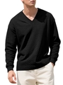 Detailed view of black V-neck sweater with vertical geometric jacquard and cable knit texture - S / Black