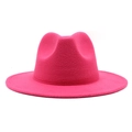 Detailed view of hot pink felt fedora with pinch front crown and flat brim design - M (56-58cm) / Rose Red