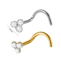 L-förmige Nasenstecker aus Edelstahl mit dreifachem Kleeblatt-Kristall in Gold und Silber - Stahlfarbe Kleeblatt Dreieck Mit Zirkonia / 0.8x7mm