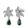 S925 silver flower earrings featuring 8A zircon and dark green pear-shaped gemstone - Lze37-p