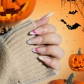 Stiletto-Kunstnägel mit pinkfarbenen Halloween-Fledermäusen und Spinnennetzen - Rosa Fledermaus Französischer Stil (Y-513) Klebertyp