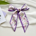 Floral skinny silk scarf with purple trim tied in a bow for hair and bag decoration - Pink Purple Small Floral