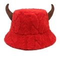 Detailed view of red plush bucket hat with dark brown ox horns and soft faux fur texture - Solid Red with Horns (3#)