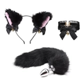 Cosplay set featuring plush black cat ears headband with ribbon and faux fur bell tail - Headband+Choker+Tail with Plug / Black 3-Piece Set