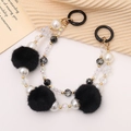 Beaded phone strap with black faux fur pom-poms, white pearls and crystal accents - Black Double Chain Style (K113)