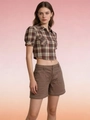 Detail of brown plaid crop shirt and high-waist cargo shorts set for women - S / Khaki