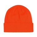 Detailed close-up of orange ribbed knit beanie showing fine texture and folded cuff style - Bright Orange