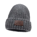 Gray chunky knit beanie for women featuring a stylish brown leather logo patch - Gray