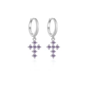 Orecchini a cerchio in argento S925 con pendente a croce e zircone viola lucido - Argento 925 / Base Platino [Viola] Croce