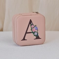 Pink portable PU leather jewelry box with zipper and floral letter A print - Print A