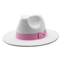Stylish white fedora hat with a pink ribbon bow and flat brim for men and women - M (56-58cm) / Pink Ribbon