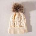 Winter cable knit beanie for kids with large faux fur pom-pom in cream white - One Size / Beige