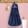 Dark blue coral fleece hanging hand towel with cute cartoon pig and gold crown - 26*36cm / Blue Pig