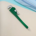 Detailed close-up of a green pipe wrench-shaped ballpoint pen with a silver writing tip - Pipe Wrench Pen - Green (with Magnet)