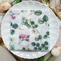 Floral paper napkins with eucalyptus leaves and pink flowers on a white ceramic plate - Eucalyptus & Pink Flower (1077)