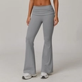 Grey high waisted ruched yoga flare pants with wide leg and tummy control design - Rhino Gray