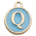 Golden round pendant with sky blue enamel finish featuring uppercase letter Q - Letter Q / 1 Piece (12x14mm) / Lake Blue