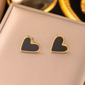 Minimalist 18K gold plated heart stud earrings with black enamel inlay on display box - 【EHG198】Black Heart Stud Earrings / Gold