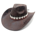 Detail von dunkelbraunem Wildleder-Cowboyhut mit Vintage-Sternsternen und Lederband - M (56-58cm) / Batik Kaffee