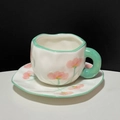Handmade ceramic coffee cup and saucer set with pink flowers and mint green trim - 250ML / Lotus
