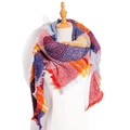 Colorful plaid knit shawl scarf with red, blue, and yellow patterns and fringe trim - Ruby Red Plaid