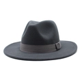 Close-up of a dark grey wool fedora hat featuring a classic indented crown and ribbon trim - Dark Gray