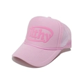 Vue détaillée du chapeau trucker rose avec imprimé 3D filthy et maille filet blanche - Rose