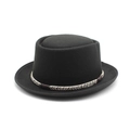 Classic black wool pork pie hat for men and women with a woven tricolor decorative band - M(56-58cm) / Black