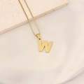 Gold stainless steel letter W pendant necklace with textured finish and box chain - Letter W
