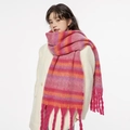 Pink and orange striped knit scarf with long tassels, soft plush winter wrap for women - Retro Wide Stripe Rose Red Series