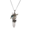 Vintage silver dragon head necklace with clear hexagonal crystal and blue gem eye - White Stone Stainless Steel Chain